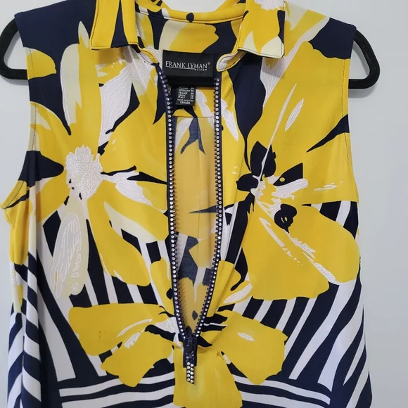 Frank Lyman Collared Stripe Floral Sleeveless Top Size 8 Half Zip Rhinestones - Picture 5 of 10